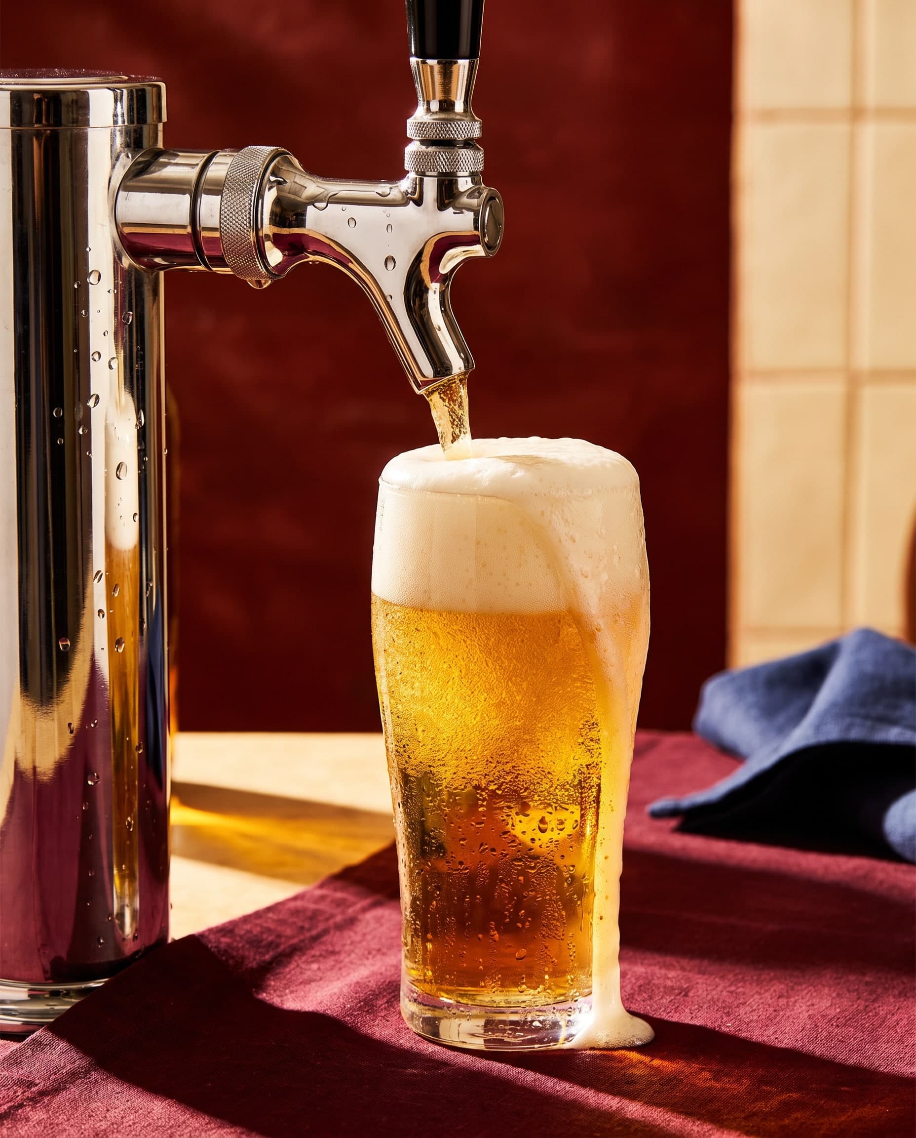 Verchromter Zapfhahn füllt ein Bierglas mit Schaumkrone auf rotem Tischtuch