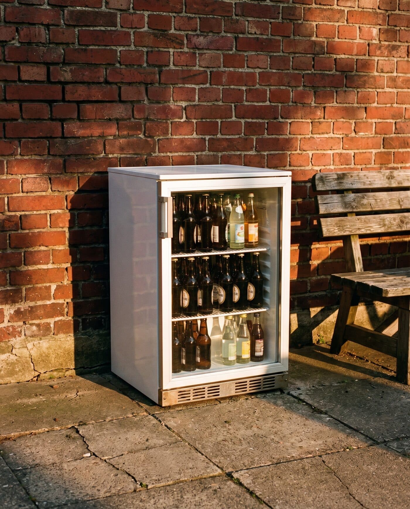 Kleiner Getränkekühlschrank mit Glastür voller Flaschen vor einer Backsteinwand in der Abendsonne
