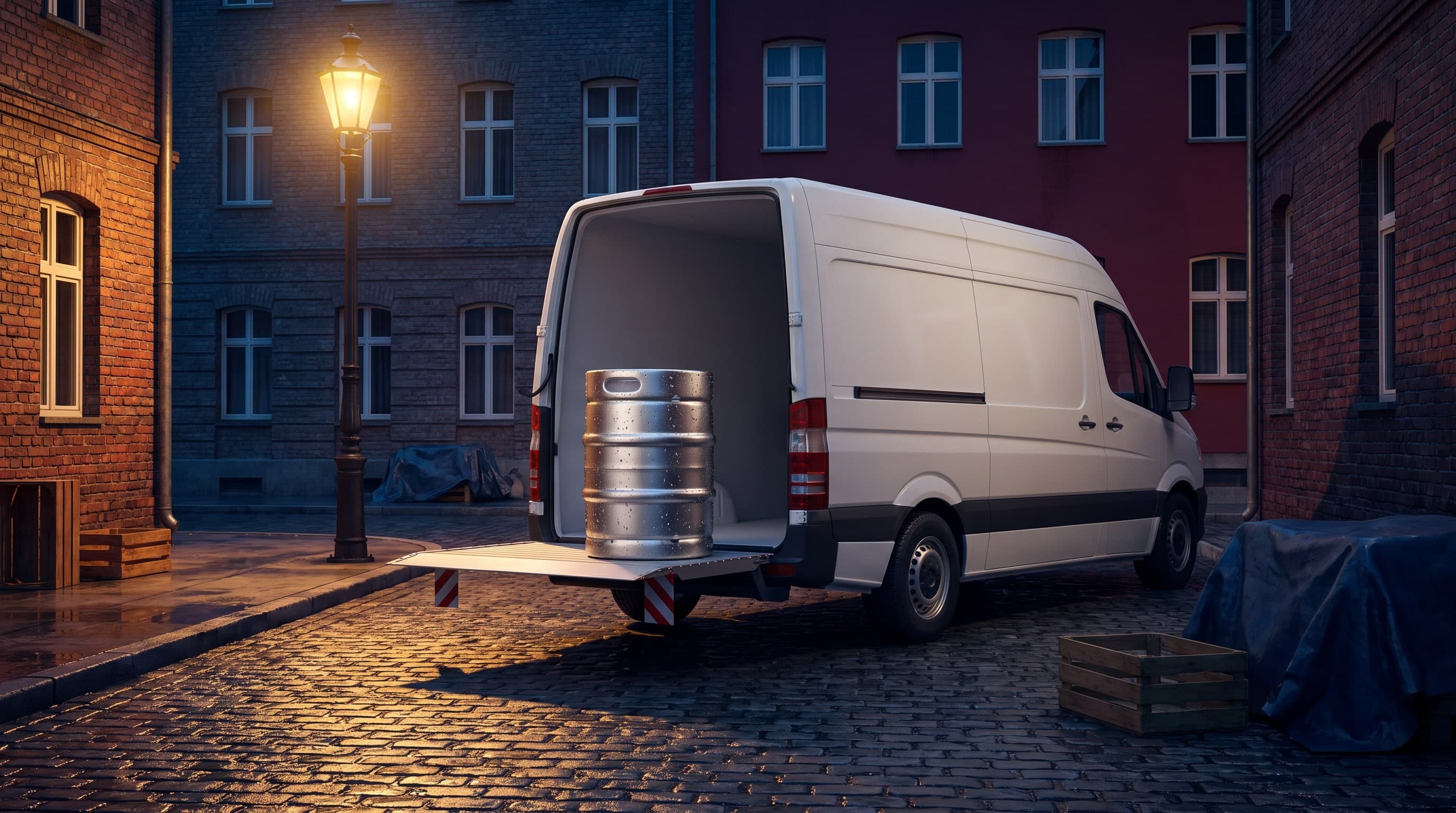 Weisser Lieferwagen mit geöffneter Hecktür und Bierfass auf der Ladebordwand in einer Kopfsteinpflaster-Gasse bei Nacht